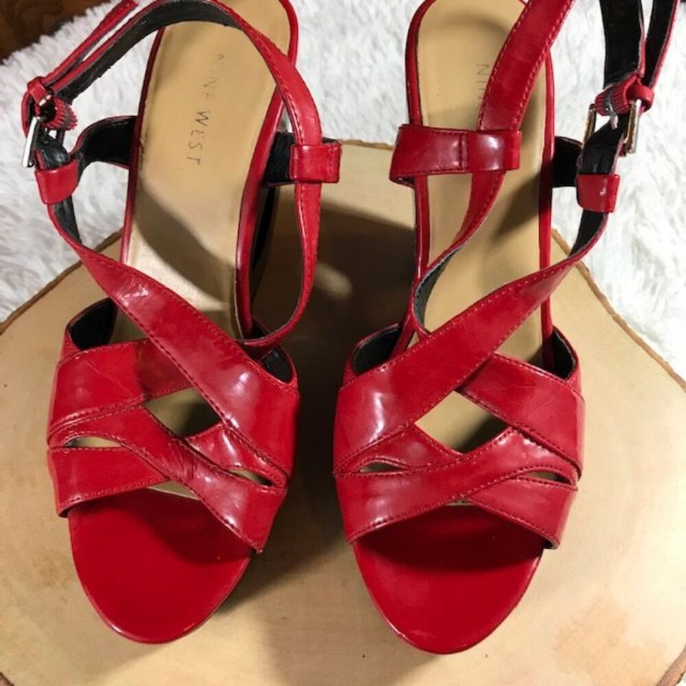 Nine West Strawberry Faux Leather Carve-Out Heel Buckle Sling Platform Sandal - Picture 6 of 14